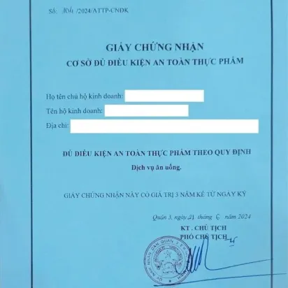 GIẤY PHÉP VỆ SINH AN TOÀN THỰC PHẨM