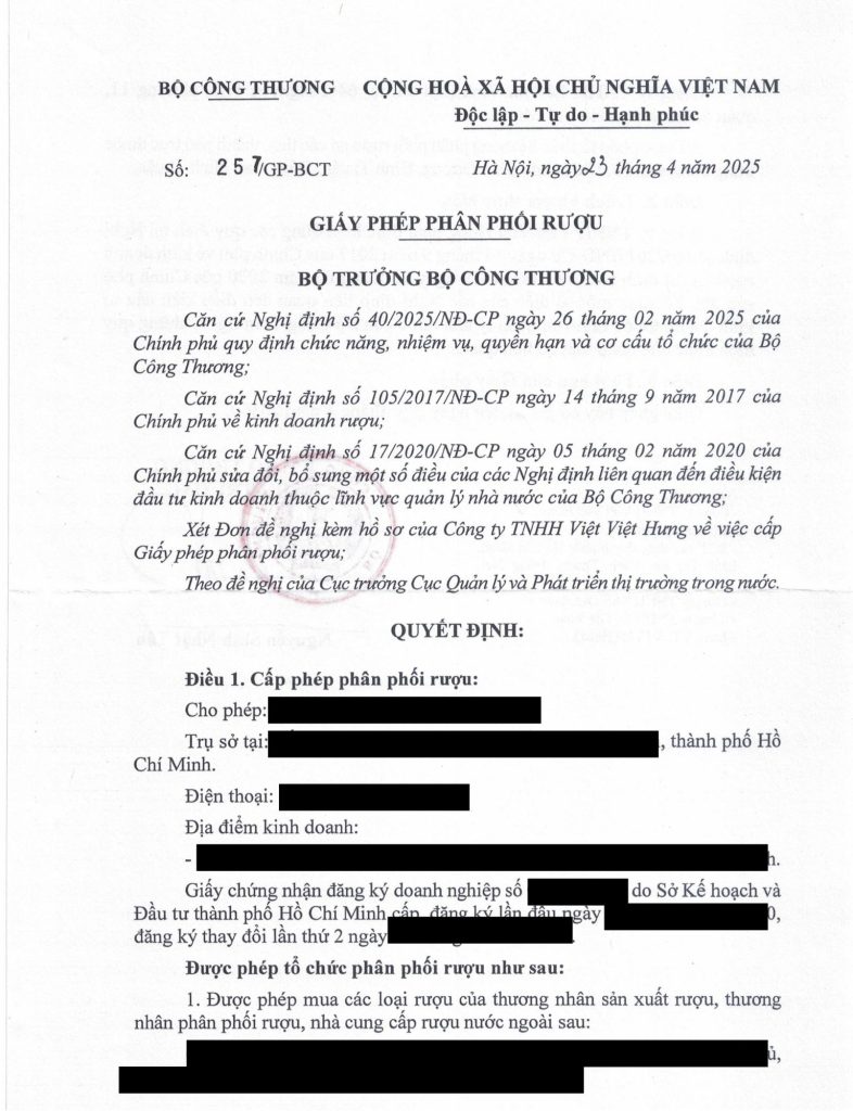 GIẤY PHÉP PHÂN PHỐI RƯỢU